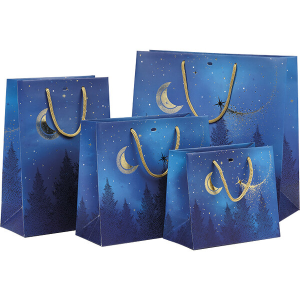 Bolsa papel NOCHE ESTRELLADA azul/estampación en caliente dorado/ventana PET/asas cuerda/ojal