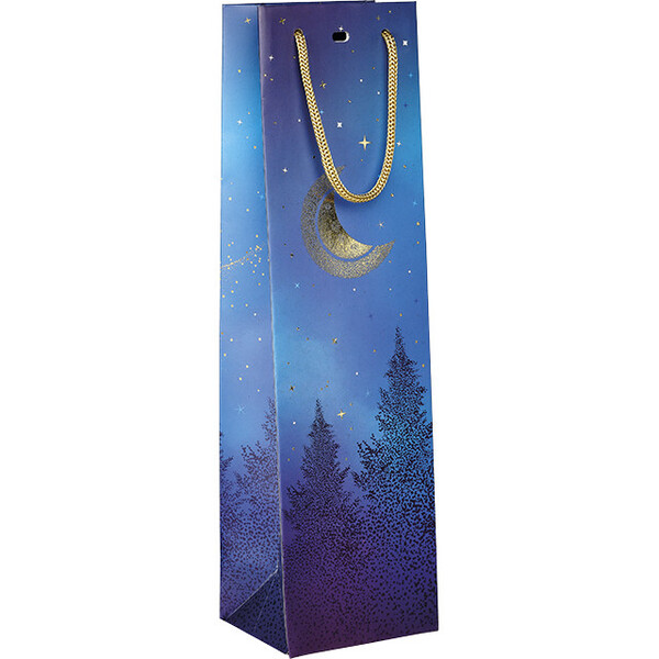 Sac papier 1 bouteille NUIT ETOILEE bleu/dorure à chaud or/poignées corde/oeillet de fermeture