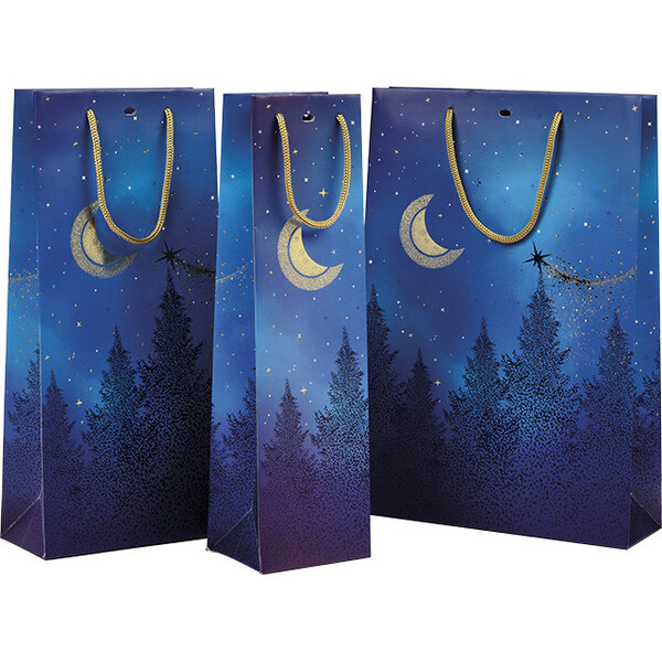 Saco papel 1 garrafa NOITE ESTRELADA azul/estampagem a quente ouro/pegas corda/ilhó