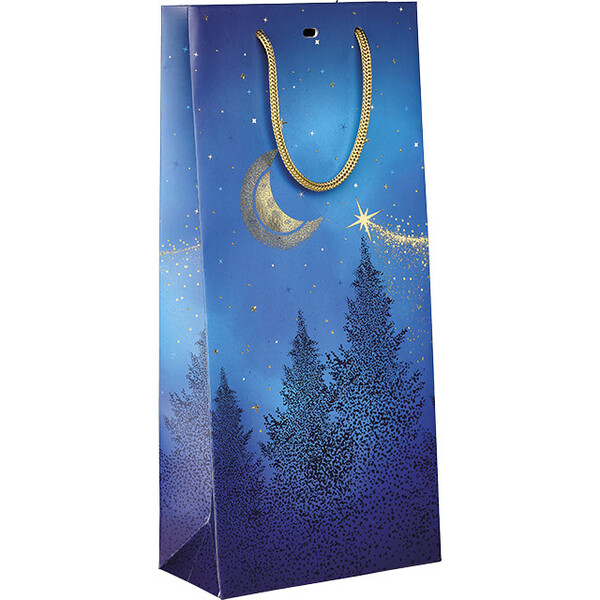 Sac papier 2 bouteilles NUIT ETOILEE bleu/dorure à chaud or/poignées corde/oeillet de fermetur