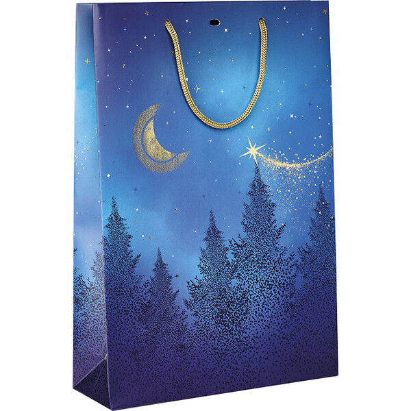 Saco papel 3 garrafas NOITE ESTRELADA azul/estampagem a quente ouro/pegas corda/ilhó