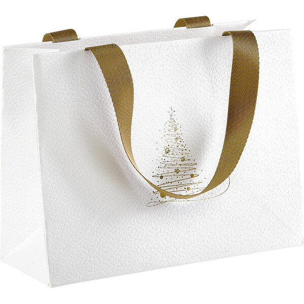 Bolsa papel CHISPAS DE ORO textura blanco/estampación en caliente dorado asas cinta oro