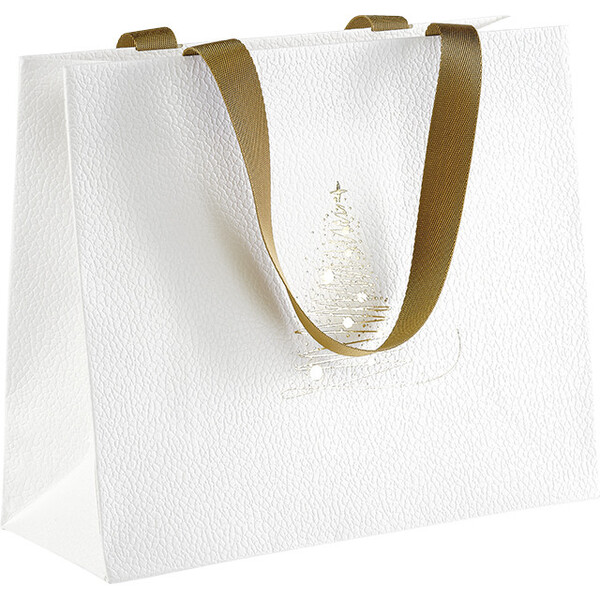 Bag paper GOLDEN SPARKLES texture white/gold hot foil stamping gold ribbon handle