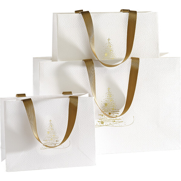 Bolsa papel CHISPAS DE ORO textura blanco/estampación en caliente dorado asas cinta oro