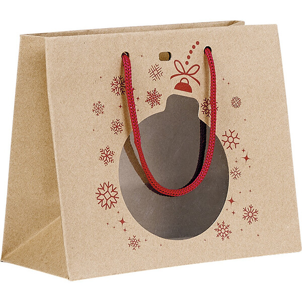 Bolsa papel kraft rojo adorno navideño PVC ventana asas cordón rojo ojal
