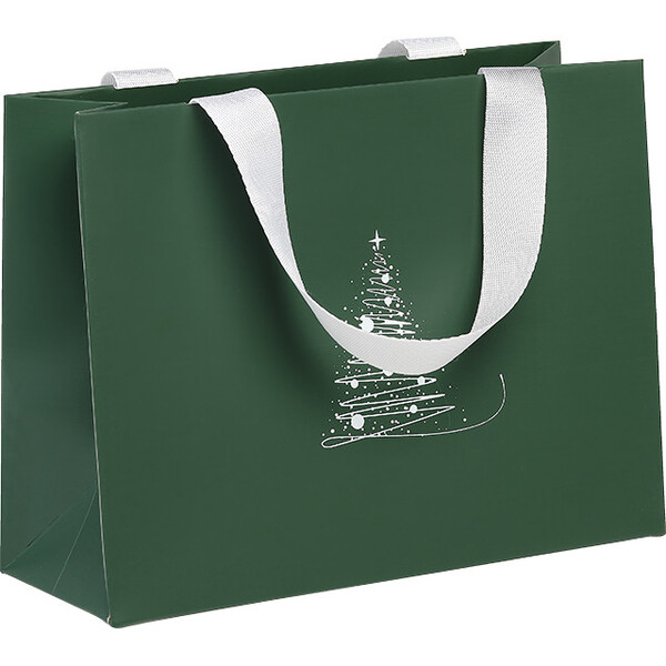 Sac papier ELEGANCE D'HIVER texture vert/blanc poignées ruban blanc