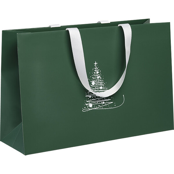 Bolsa papel ELEGANCIA DE INVIERNO textura verde/blanco asas cinta blanco