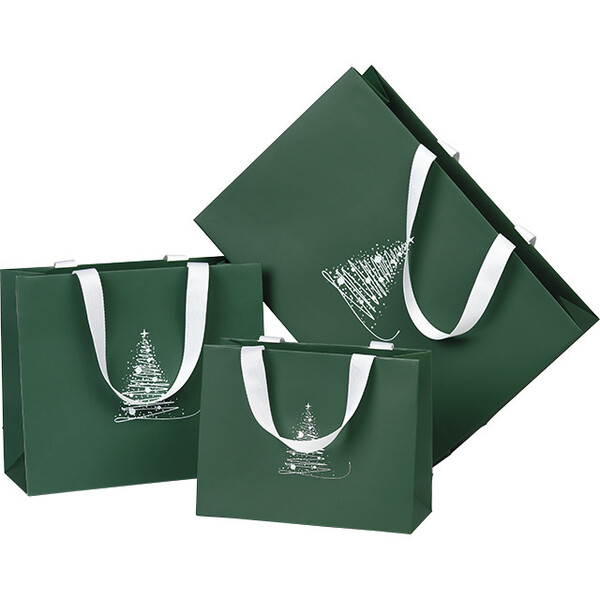 Bolsa papel ELEGANCIA DE INVIERNO textura verde/blanco asas cinta blanco