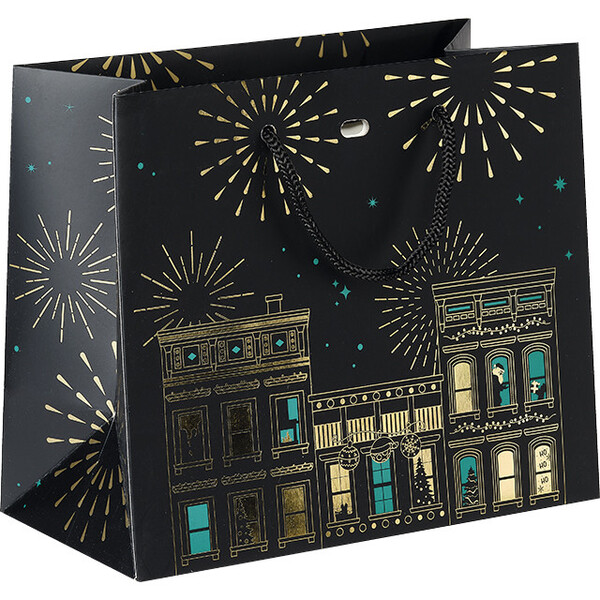 Bolsa papel CIUDAD FESTIVA negro/verde/estampación en caliente dorado/ventana PET/asas cuerda negro/ojal