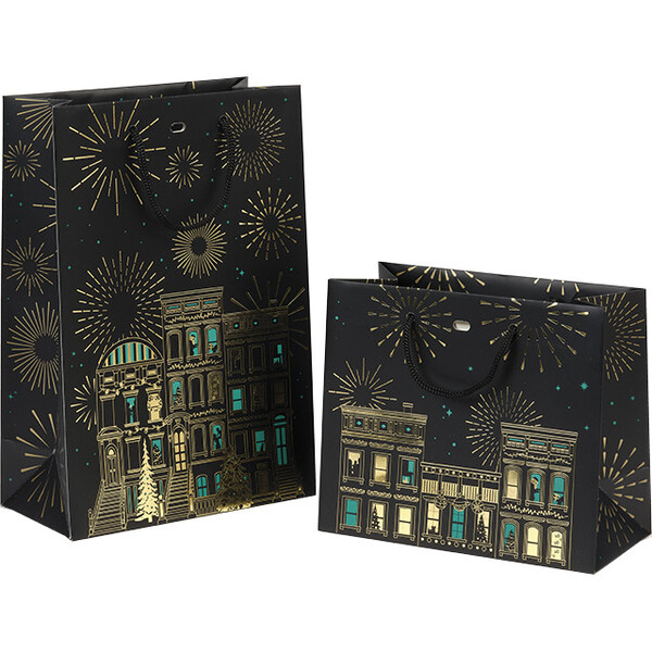 Bolsa papel CIUDAD FESTIVA negro/verde/estampación en caliente dorado/ventana PET/asas cuerda negro/ojal