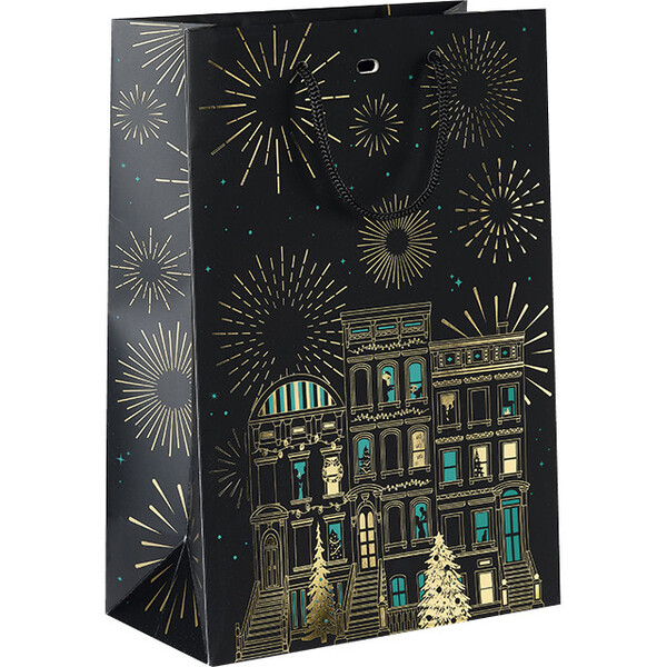 Sac papier VILLE EN FETE noir/vert/dorure à chaud or poignées corde noire oeillet de fermeture