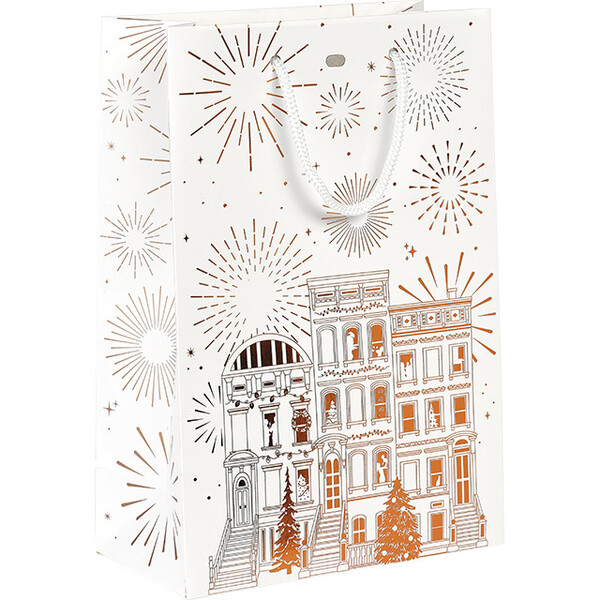 Saco papel CIDADE FESTIVA branco/estampagem a quente ouro/pegas corda branca/ilhó