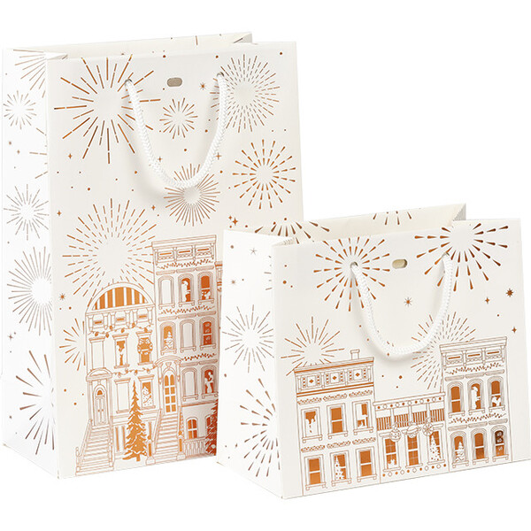 Saco papel CIDADE FESTIVA branco/estampagem a quente ouro/pegas corda branca/ilhó
