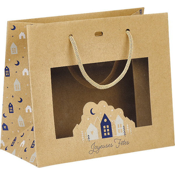 Sac papier OSLO bleu/blanc/fenêtre PET/poignées corde/oeillet de fermeture