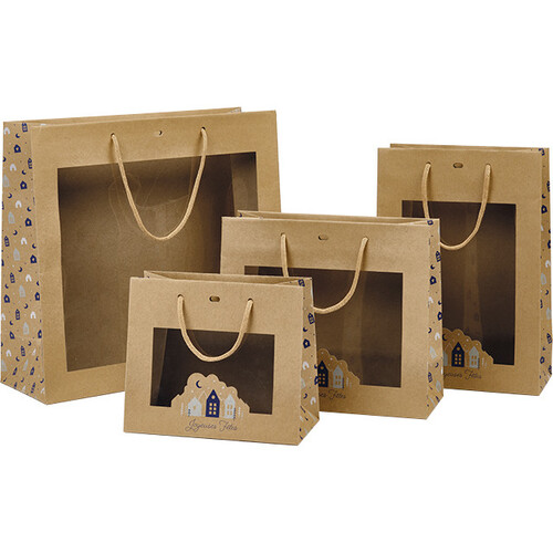 Bolsa papel OSLO azul/blanco/ventana PET/asas...