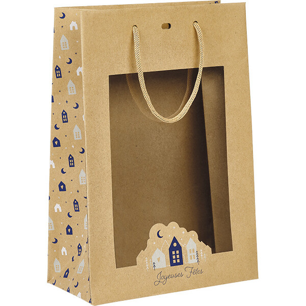 Saco papel OSLO azul/branco/janela PET/pegas corda/ilhó