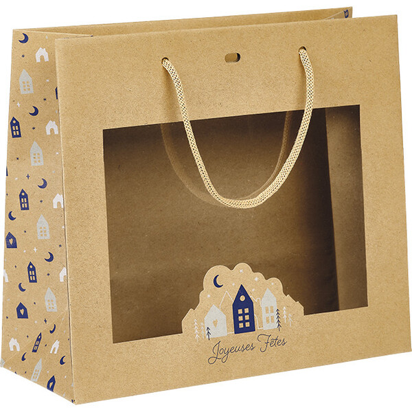 Sac papier OSLO bleu/blanc/fenêtre PET/poignées corde/oeillet de fermeture