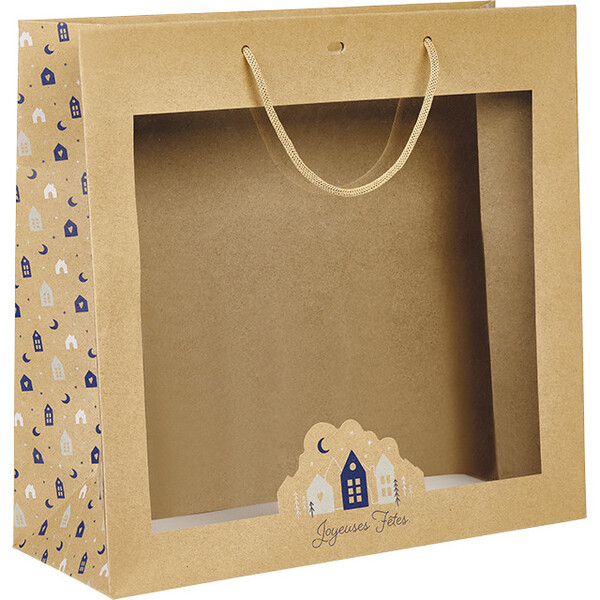 Bolsa papel OSLO azul/blanco/ventana PET/asas cuerda/ojal