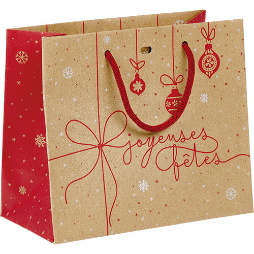 Sac papier kraft SURPRISES D'HIVER rouge/blanc/poignées corde/oeillet de fermeture