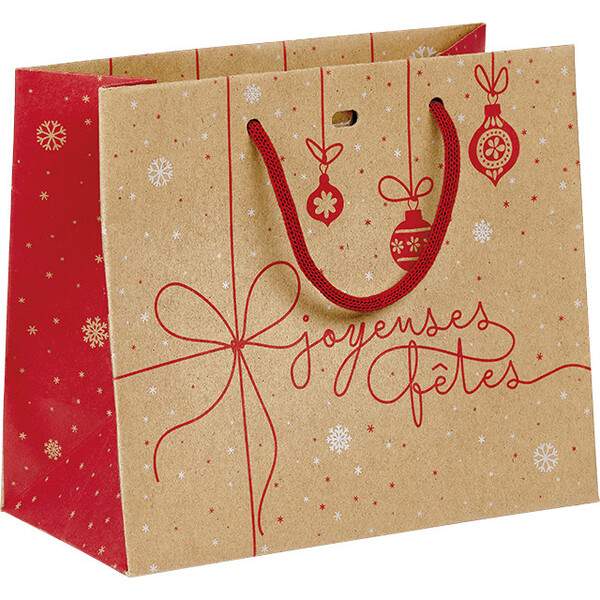 Saco papel kraft SURPRESAS DE INVERNO vermelho/branco/pegas corda/ilhó