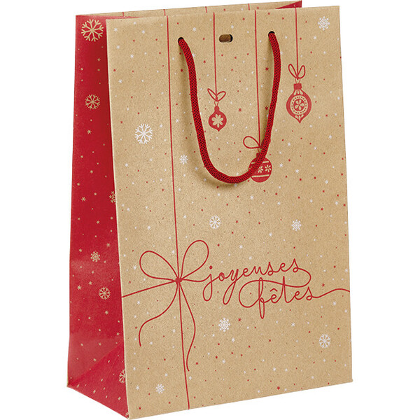 Bag paper WINTER SURPRISES red/white/cord handle/eyelet