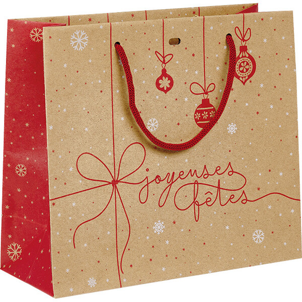 Bag paper WINTER SURPRISES red/white/cord handle/eyelet