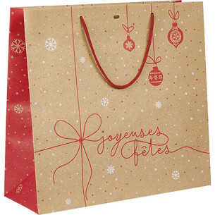 Sac papier kraft SURPRISES D'HIVER rouge/blanc/poignées...