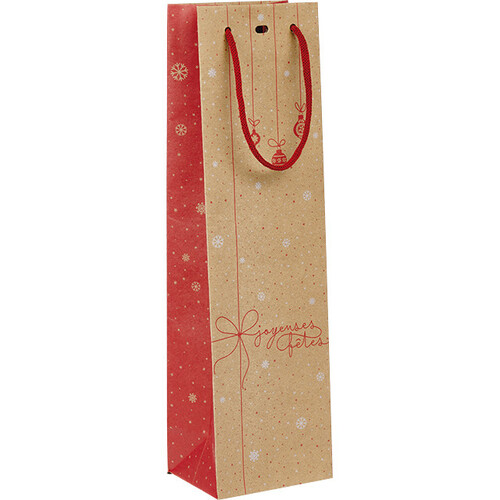 Sac papier kraft 1 bouteille SURPRISES D'HIVER rouge/blanc/poignées corde/oeillet de fermetur