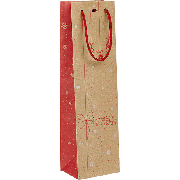 Bag paper kraft 1 bottle WINTER SURPRISES red/white/ cord handle/eyelet