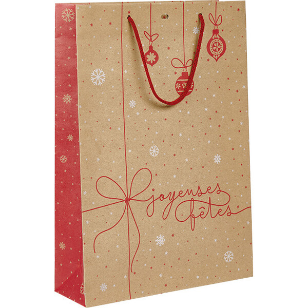 Bolsa papel 3 botellas SORPRESAS DE INVIERNO rojo/blanco/asas cuerda/ojal