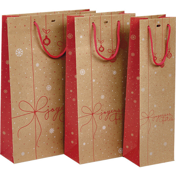 Bolsa papel 3 botellas SORPRESAS DE INVIERNO rojo/blanco/asas cuerda/ojal