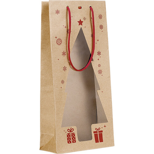 Bag Paper kraft 2 bottles PET window red Christmas tree shape red cord handles eyelet