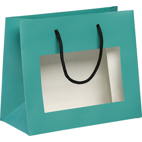 Bag paper blue PET window black paper handles eyelet