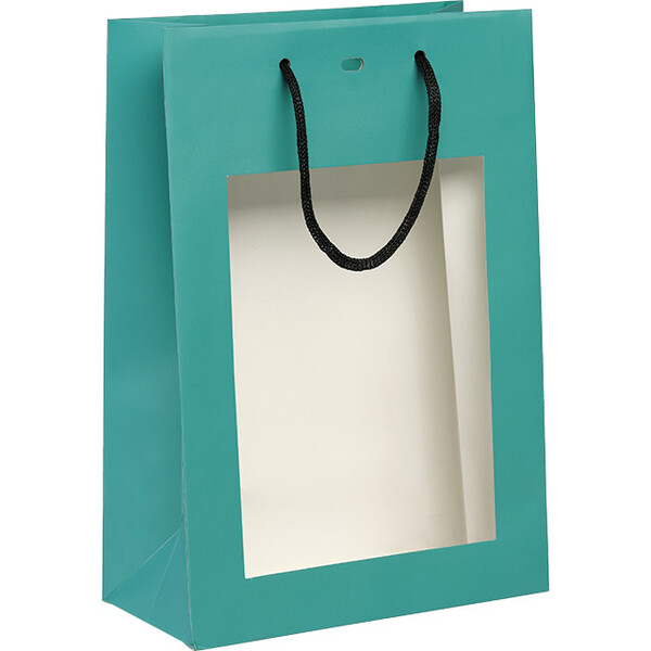 Bolsa papel azul ventana PET asas papel negro ojal