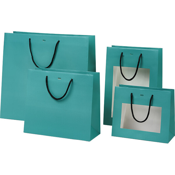 Sac papier bleu poignées papier noir oeillet de fermeture