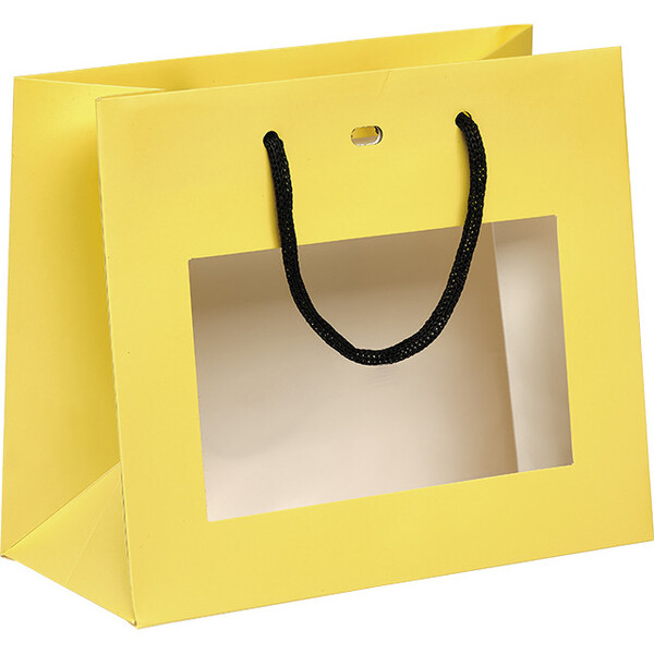 Saco papel amarelo janela PET pegas papel preto ilhó