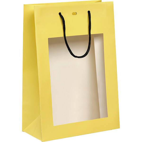 Bolsa papel amarillo ventana PET asas papel negro ojal