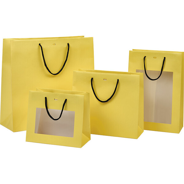 Sac papier jaune poignées papier noir oeillet de fermeture