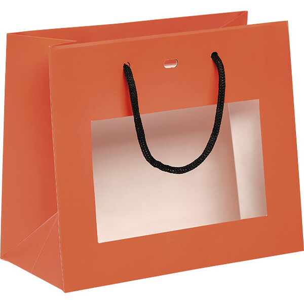 Saco papel laranja janela PET pegas papel preto ilhó