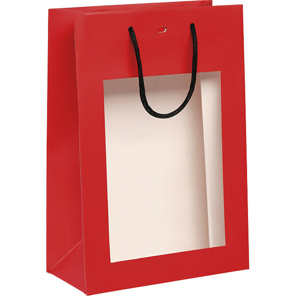 Sac papier rouge fenêtre PET poignées papier noir oeillet de fermeture