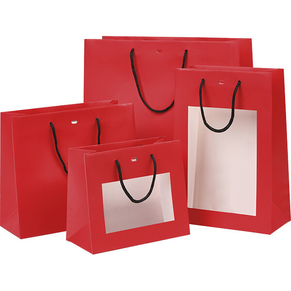 Sac papier rouge poignées papier noir oeillet de fermeture