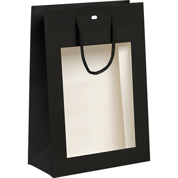 Bolsa papel negro ventana PET asas papel negro ojal