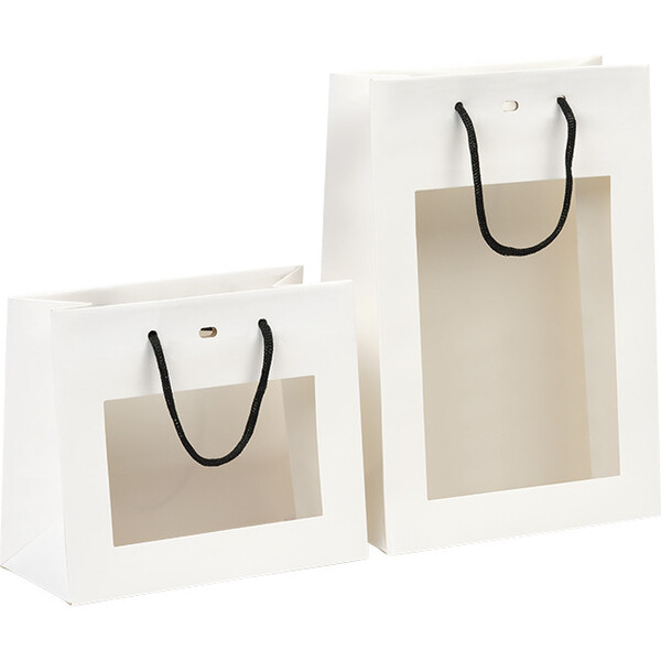 Sac papier blanc fenêtre PET poignées papier noir oeillet de fermeture