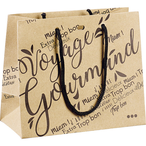 Saco de papel kraft preto VOYAGE GOURMAND/alças de corda/ilhó