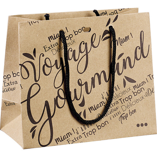 Saco de papel kraft preto VOYAGE GOURMAND/alças de corda/ilhó