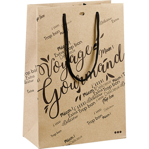 Bolsa papel kraft VOYAGE GOURMAND negro/ asas de cuerda ojal