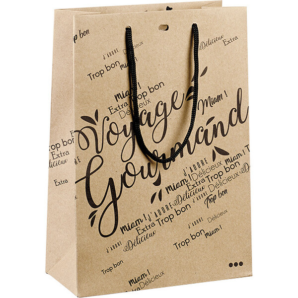 Sac papier kraft VOYAGE GOURMAND noir/poignées corde/oeillet de fermeture