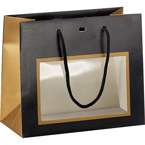 Sac papier cuivre/noir/vernis sélectif fênetre PVC/ poignées corde/ oeillet de fermeture