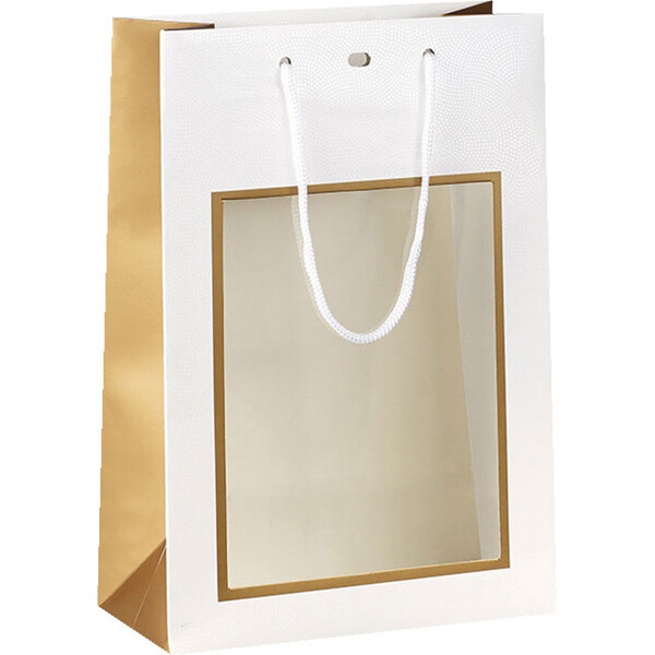 Saco de papel branco/cobre impressão UV janela de PVC/alças de corda/ilhó