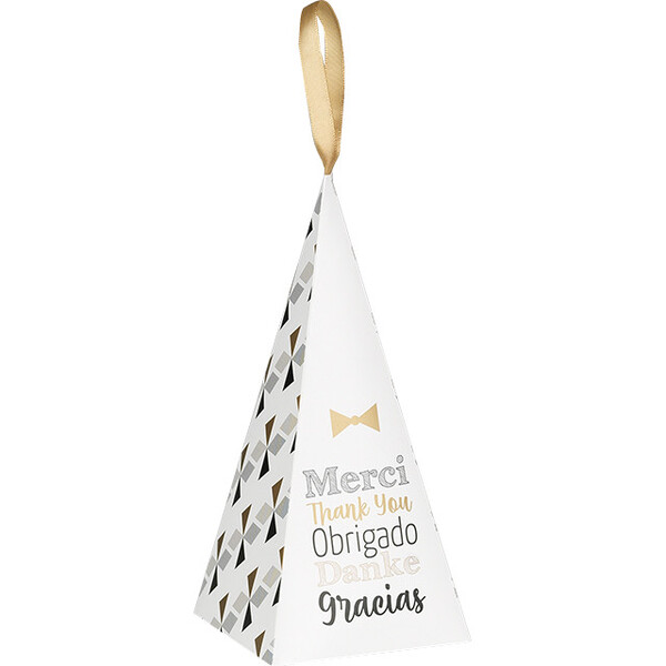 Pirámide papel GRACIAS blanco/negro/dorado cinta de satén oro
